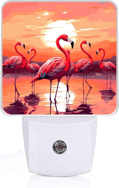 Pink Flamingo Night Light, Plug-into Sunset Nightlight White LED Lamp, Energy Efficient Decor Desk Lamp for Bedroom Hallway Stairs Bathroom