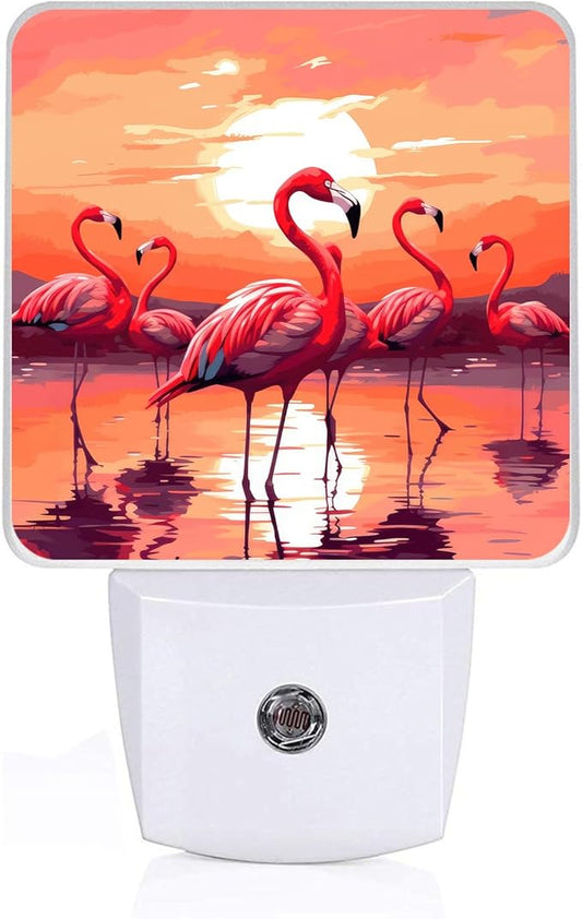 Pink Flamingo Night Light, Plug-into Sunset Nightlight White LED Lamp, Energy Efficient Decor Desk Lamp for Bedroom Hallway Stairs Bathroom