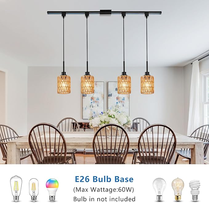 MELUCEE 4 Packs H-Type Track Hanging Light Black Ceiling Track Lighting Fixtures Rattan Pendant Light for Kitchen Island Dining Room Restaurant, Compatible with H Type Track Lighting Rail, E26 Socket