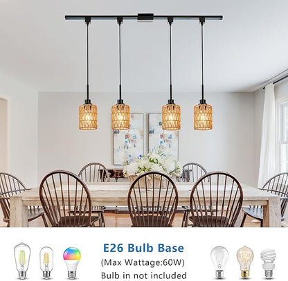MELUCEE 4 Packs H-Type Track Hanging Light Black Ceiling Track Lighting Fixtures Rattan Pendant Light for Kitchen Island Dining Room Restaurant, Compatible with H Type Track Lighting Rail, E26 Socket