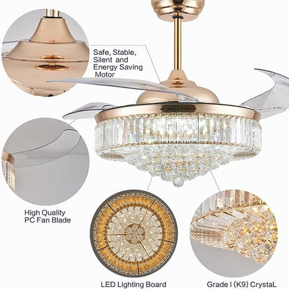 DuMaiWay 52" Dimmable Chandelier Ceiling Fan with Lights,Retractable Crystal Fandelier Ceiling Fan with APP Control for Bedroom Living Room Polished Gold 6 Speed