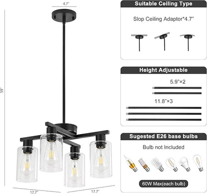 4-Light Black Modern Farmhouse Chandelier, Adjustable Height Pendant Lighting for Kitchen Island & Dining Room, Industrial Hanging Fixture with Clear Glass Shade for Entryway Foyer Bedroom