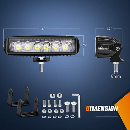 Nilight LED Light Bar 2PCS 18W 6Inch Flood LED Pods Offroad Fog Light Waterproof for Boat SUV ATV 4WD Car Truck Golf Cart 12V 24V,2 Years Warranty