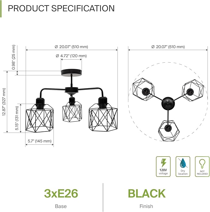 ASD Black Chandelier Semi Flush Mount Ceiling Light Fixture- 3xE26 120V ETL Modern Light Fixtures Ceiling Mount, Semi Flush Mount Chandelier for Entryway, Bedroom, Foyer Lighting Fixtures