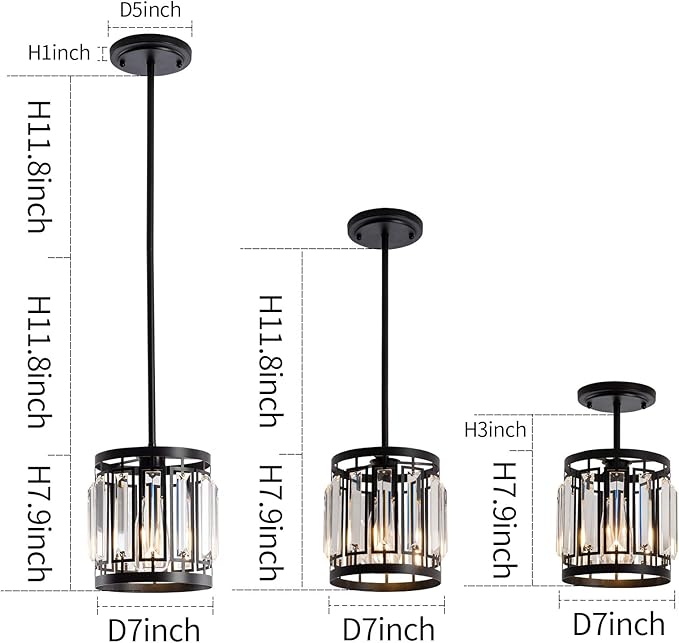 Modern One- Light 1XE26 Pendant Light Ceiling Hanging Light Fixture with K9 Crystals for Kitchen Restaurant Cafe Dining Room Island Light Black