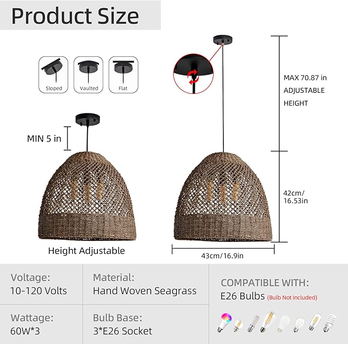 3-Lights Large Rattan Pendant Light Fixtures, 17" Rattan Chandelier Boho Hand Woven Wicker Basket Chandelier for Farmhouses Kitchen Living Room Bedroom Dining Room Foyer