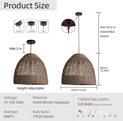 3-Lights Large Rattan Pendant Light Fixtures, 17" Rattan Chandelier Boho Hand Woven Wicker Basket Chandelier for Farmhouses Kitchen Living Room Bedroom Dining Room Foyer