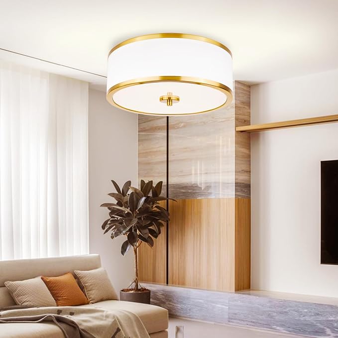 Edwarmlux 3-Light Flush Mount Ceiling Light Fixture, 12.6" Drum Light with White Fabric Shade, Modern Close to Ceiling Light for Living Room Bedroom Dining Room Kitchen Hallway Entry (Brushed Gold)