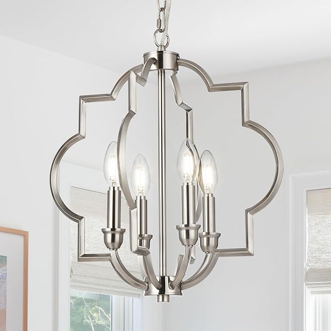 4-Light Brushed Nickel Chandelier, Modern Dining Room Light Fixtures Over Table, Geometric Hanging Pendant Light for Bathroom, Foyer, Hallway, Kitchen, Entryway