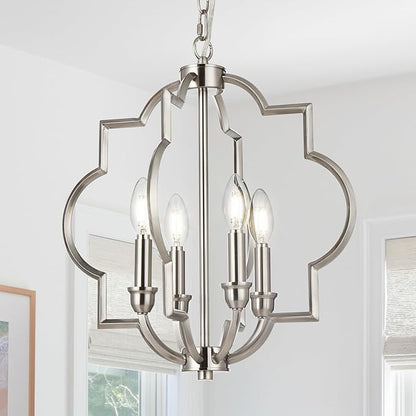 4-Light Brushed Nickel Chandelier, Modern Dining Room Light Fixtures Over Table, Geometric Hanging Pendant Light for Bathroom, Foyer, Hallway, Kitchen, Entryway