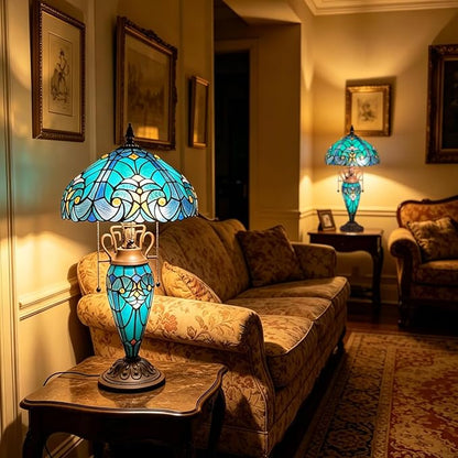 Tiffany Table Lamp with Nightlight Sea Green 3 Lights Stained Glass Desk Lamp for Reading Antique Nightstand Table Light for Living Room Bedroom Entryway