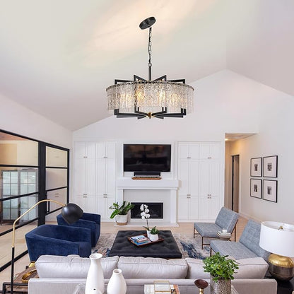 Modern Crystal Chandelier Black, 8-Light Modern Glass Pendant,Crystal Dining Room Light Fixture for High Ceiling Foyer | Large Kitchen Island | Sloped Ceiling Entryway | 30 Inches