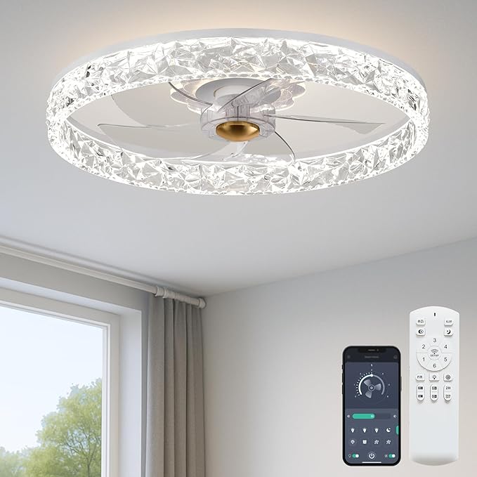 Fszdorj 20'' Ceiling Fan with Light, Upgraded Low Profile Fan, Flush Mount Ceiling Fan, 6 Speeds, Dimmable LED, App & Remote Control, Quiet DC Motor, for Bedroom, Living Room, F098 White
