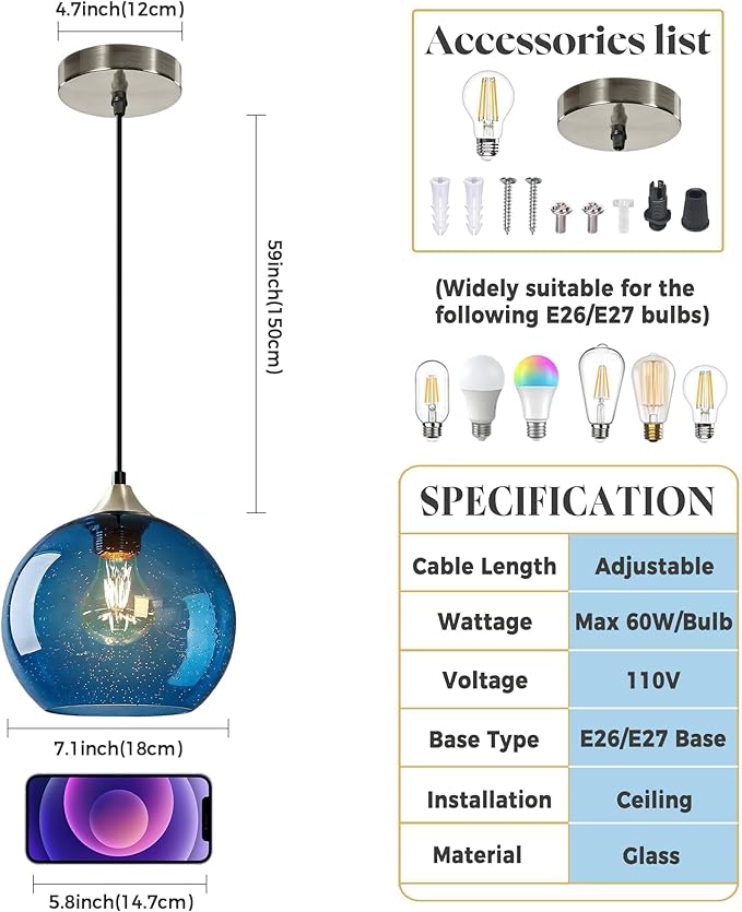Blue Glass Pendant Light for Kitchen Island, Includes 1 Bulb & 4.92FT Adjustable Cord, Modern Pendant Lighting Fixtures for Kitchen, Dining Room, Living Room (7.1in)
