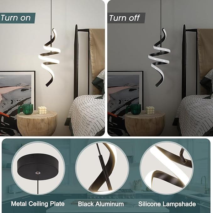 4000K Modern Pendant Light, 15IN Spiral LED Pendant Lights Adjustable Height Black Kitchen Island Fixtures Chandeliers for Dining Room Hanging Lights, 1 Pack