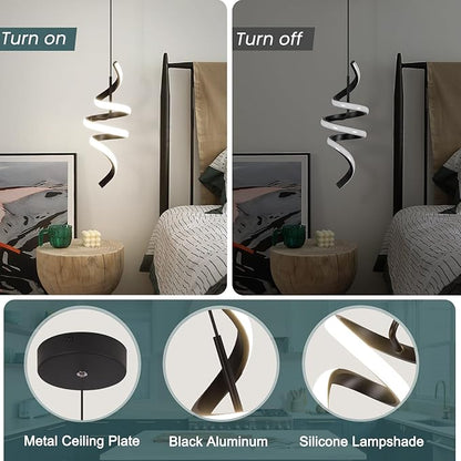 4000K Modern Pendant Light, 15IN Spiral LED Pendant Lights Adjustable Height Black Kitchen Island Fixtures Chandeliers for Dining Room Hanging Lights, 1 Pack