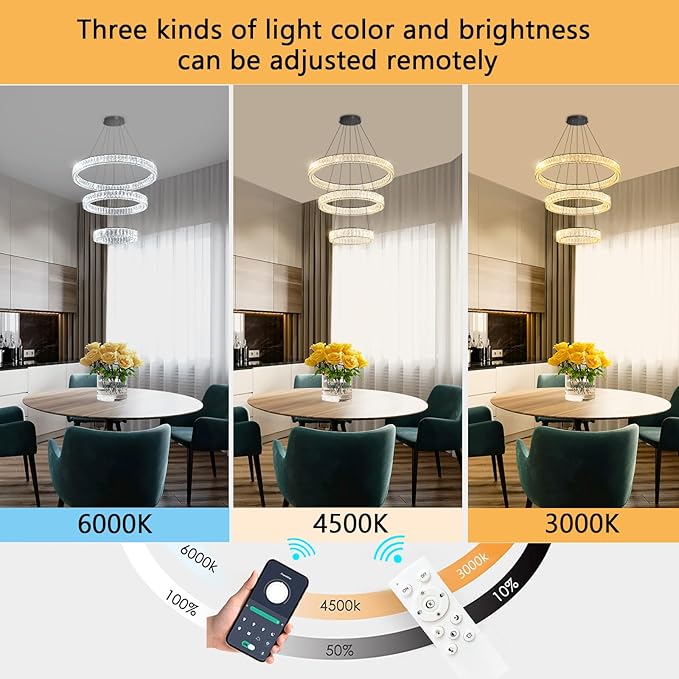 HAIXIANG Modern Glam Chandelier Crystal LED Remote Rings Chandelier Adjustable Hanging Ceilings Pendant Lights Fixture Black 8"+16"+24" Rings Lighting