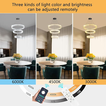 HAIXIANG Modern Glam Chandelier Crystal LED Remote Rings Chandelier Adjustable Hanging Ceilings Pendant Lights Fixture Black 8"+16"+24" Rings Lighting