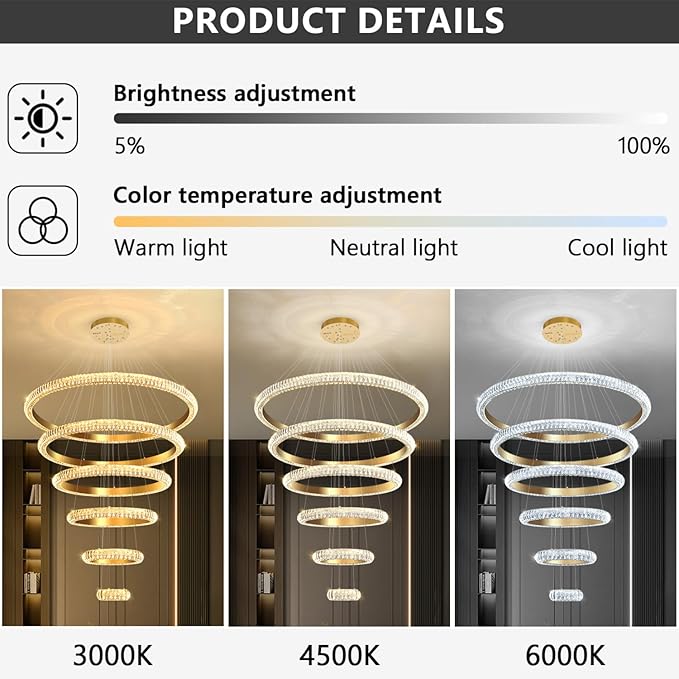 47" 6 Ring Crystal Chandelier Modern LED Dimmable Ring Pendant Light Chandelier for Dining Room Living Room Gold