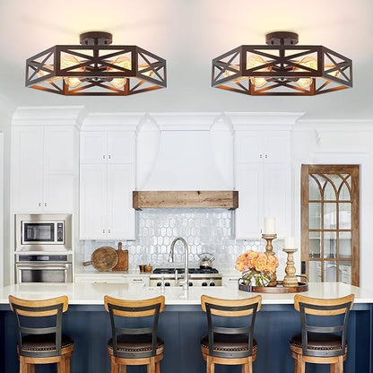 Semi Flush Mount Ceiling Light, Black Large 6-Light Fixtures Ceiling Mount with Hexagon Cage, Metal Industrial Close to Ceiling Light for Hallway, Kitchen, Bedroom (Black, 19.68''L)