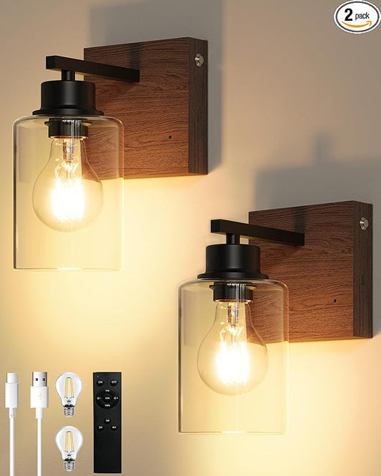 Battery Operated Wall Sconce Set of 2, Black & Walnut Rechargeable Wall Lights with Timer Function, Easy Install Dimmable Wireless Wall Lamps for Living Room, Bedroom, Hallway, Entryway Decor 3000K
