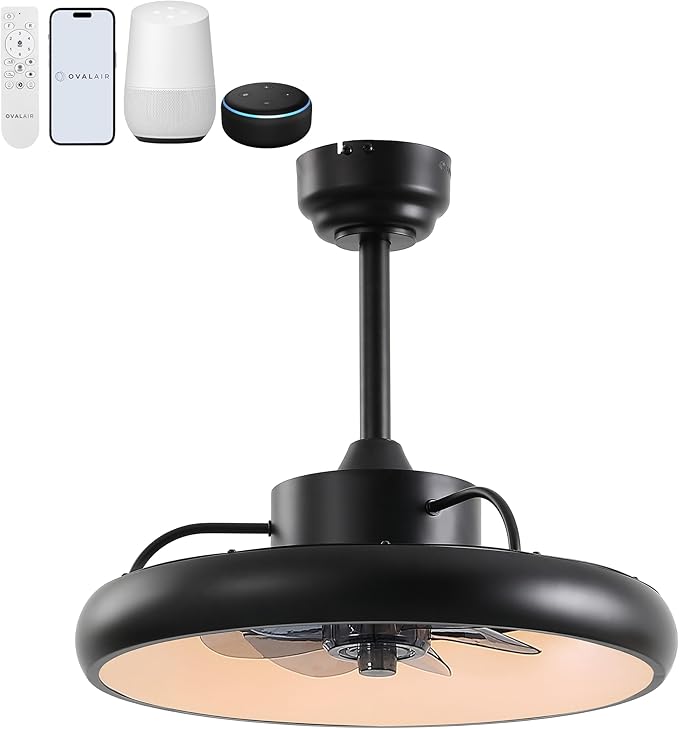 Oval AIR Loren 20" Small Smart Ceiling Fan with Light, Semi Flush Mount, Quiet 6-Speed Reversible Motor, Dimmable LED, Adjustable CCT, App & Remote Control, Modern, Black AIR8002B