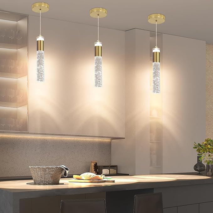 2 Pack Modern Kitchen Island Pendant Lights, Gold Bubble Crystal Ceiling Hanging Light, 3 Color 2700K/4500K/6500K, Mini Linear LED Chandelier Lighting for Dining Room, Bedroom, Bar, Hallway, Bedside