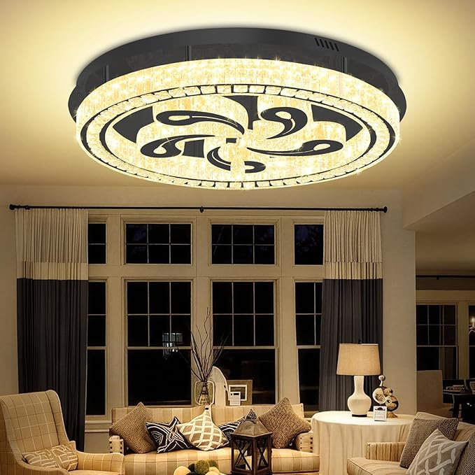 Modern Crystal Chandeliers for Dining Room Flush Mount Ceiling Chandelier for Living Room Dining Room Ring LED Crystal Ceiling Light (Round,32in Black,Dimmable 2700K-6500K)