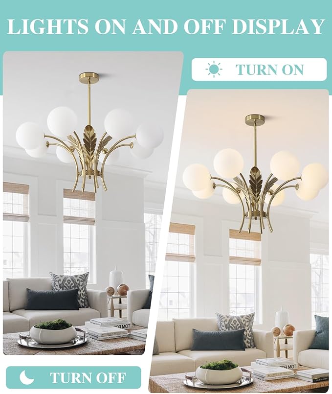 BOKT Gold Semi Flush Mount Ceiling Light Fixture 8 Ball Brass Milk Glass Sphere Sputnik Farmhouse Chandelier Hanging Kitchen Lights for Bedroom Living and Dining Room