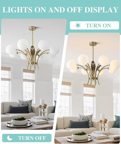 BOKT Gold Semi Flush Mount Ceiling Light Fixture 8 Ball Brass Milk Glass Sphere Sputnik Farmhouse Chandelier Hanging Kitchen Lights for Bedroom Living and Dining Room