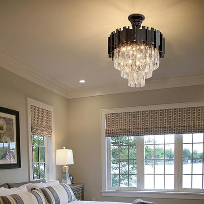 Modern Crystal Chandelier 16" Round K9 Crystal Ceiling Light Adjustable Black 3-Tier Chandelier with 5 Lights Elegant Fixture for Dining Room Living Room Foyer
