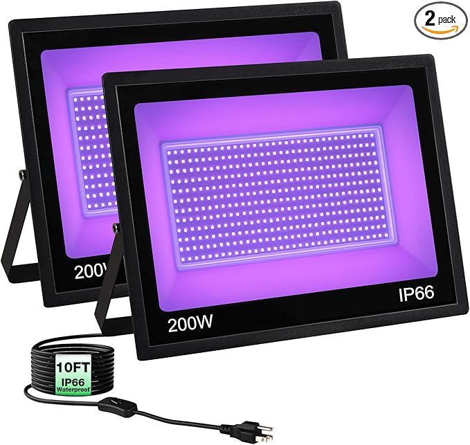 200W IP66 Blacklight Flood Light for Party + 10ft Cable, Waterproof Outdoor LED for Glow in The Dark, Blacklight Party, Christmas, Birthday, Dance, 2 Pack