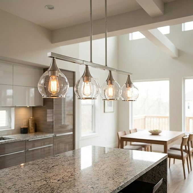 Kitchen Island Linear Pendant Light, 4-Light Modern Chandelier with Clear Glass Globe Shades, Linear Lighting Fixture Over Dining Table, Brushed Nickel