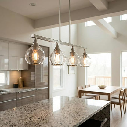 Kitchen Island Linear Pendant Light, 4-Light Modern Chandelier with Clear Glass Globe Shades, Linear Lighting Fixture Over Dining Table, Brushed Nickel