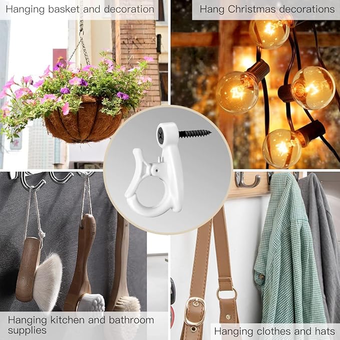 GEZIDEA Light Hanger Hooks,String Light Hooks,Screw-in Hooks for Hanging String Lights and Wire,Plants,Wind Chimes,Plastic,White,20 Pack
