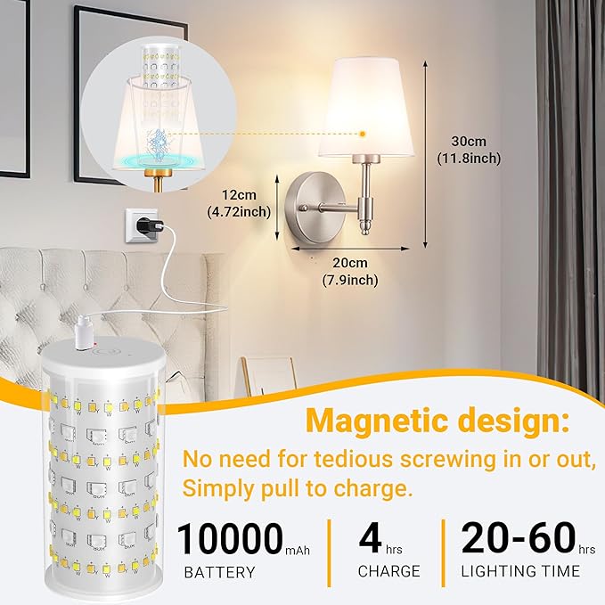 Vimhou Peel and Stick Wall Sconces, Stick On Wall Sconce Set of 2, Battery Operated Wireless Wall Light, No Drill Adhesive Wall Lamp, Corn Bulb with 10000mAh Rechargeable Battery, Bedroom Wall Decor