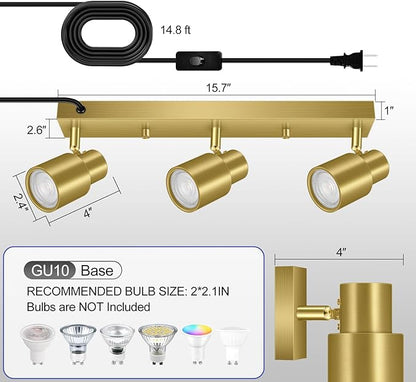 Plug-in Track Lighting LED, Track Light Fixtures Ceiling Kit, 15.7" Gold 3 Way Wall Lights for Kitchen, Plug in Ceiling Light with 14.8ft Power Cord,Rotatable Spotlight for Hallway(GU10 Base,No Bulb)