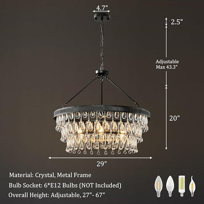 Black Modern Raindrop Crystal Chandelier: 28" Round K9 Crystals Contemporary Chandeliers for Dining Room Lights over Table - Adjustable Large Light Chandelier for Bedroom Living Kitchen Entryway Foyer