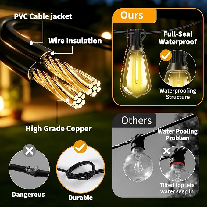 Solar Lights Outdoor Waterproof: ST38 33FT 10M Shatterproof Bulbs Patio Lights - Solar Powered & USB Charging- Remote Control 3 Light Modes Dimmable Solar Light - Camping Backyard Garden