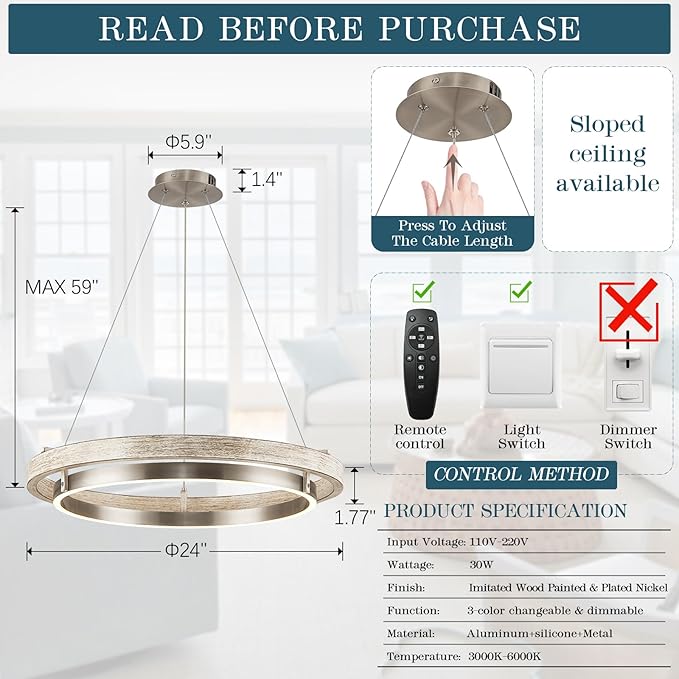LED Ring Chandelier Weathered Wood Nickel Chandelier Dimmable Round Foyer Chandeliers Light Farmhouse Circular Chandeliers for Dining Room Entry Bedroom Office Living Room, 24in