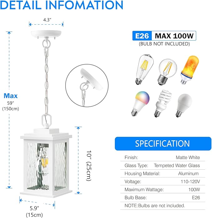 VIANIS White Outdoor Pendant Light, Farmhouse Hanging Light Fixtures Ceiling Mount Porch Lights, Anti-Rust Aluminum Frame with Temperate Ripple Glass, Hanging Lights for Outside Patio for Gazebo