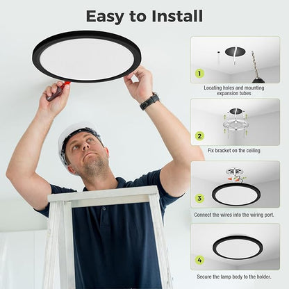 hepside 2Pack LED Flush Mount Ceiling Light Fixture, 13Inch 24W, Dimmable&3000K/3500K/4000K/5000K/6500K Adjustable Low Profile Ceiling Lights, Round Flat Ceiling Light for Kitchen,Hallway-Black