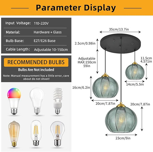 Mint Green Glass Chandelier, 3 Light Pendant Light Fixtures Kitchen Island Lighting Century Modern Kitchen Island Pendant Lighting Hanging Lights Multi Light Cluster Pendant Lighting（Without Bulb）