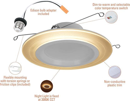 HALO RL Night Light 5/6 in LED Recessed Downlight with Night Light Mode, 1000 Lumens, Selectable CCT 2700K-5000K, Dim-to-Warm, Matte White - RLNL56109FSD2W1EWH
