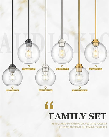 Pendant Lights Kitchen Island, 7" Modern Black Hanging Lights Fixtures with Clear Glass Globe Shade, Kitchen Island Lighting for Bathroom, AD-22280-1P-BK-C