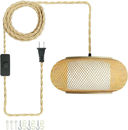 Boho Wabi-Sabi Bamboo Pendant Light, Plug-in Hanging Lamp with 16.7ft Twisted Cord & Switch, Handwoven Rattan Ceiling Fixture for Dining Room, Teahouse, Kitchen Island, Bedroom (40cm（Plug in）)