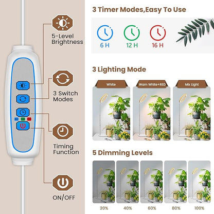 Aokrean Plant Grow Light, Full Spectrum 6.3in Plant Light for Indoor Growing, Height Adjustable 9.8"-37.4" with Auto Timer 6/12/16Hrs, 3 Optional Spectrums, 5 Brightness, Wood Grain Desk Growing Lamp