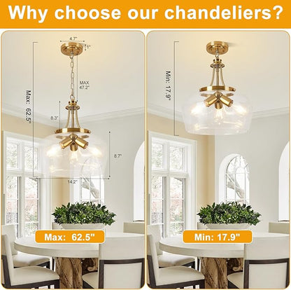 14.2" Modern Pendant Lights Kitchen Island, 3-Light Gold Pendant Light Fixtures with Clear Glass Shade, Industrial Hanging Pendant Lights Fixture for Kitchen Island, Dining Room, Bedroom, Entryway