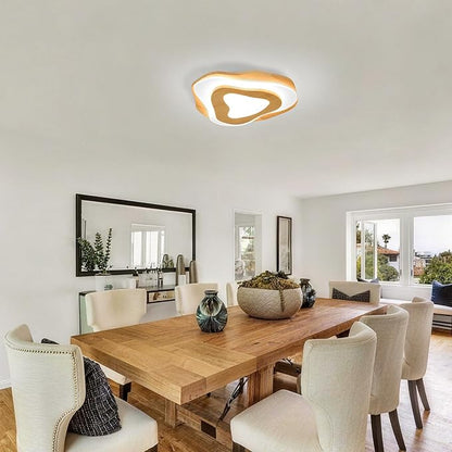 Littleglovo 15.7" Modern Flush Mount LED Chandelier for Dining Room, Natural Wood Petal Energy Chandeliers Ceiling Light for Entryway Bedroom Foyer Kitchen Living Room Bathroom