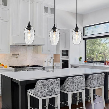 Glass Pendant Lights Kitchen Island, Black Pendant Light Fixtures with Hand-Blown Clear Glass Modem Farmhouse Hanging Light for Kitchen Sink Dining Room Bedroom